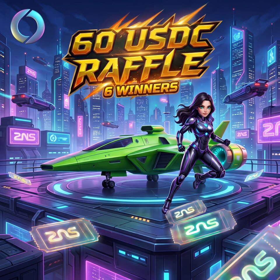 The image features a woman dressed in a futuristic outfit, standing next to a green rocket ship with six windows. The background of the image shows a cityscape filled with buildings and neon lights. The caption below the image reads "60 USDC Raffle 6 winners Mint our Pixelated Sakura NFT on @soneium and you'r automatically in! → Officially counts toward Soneium Score Season 11 → ...".