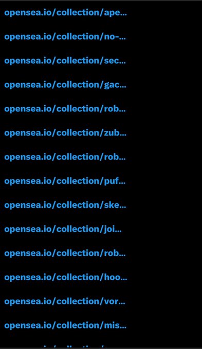 A black screen displays a vertical list of OpenSea collection URLs in blue text (opensea.io/collection/ape..., no..., sec..., gac..., rob..., zub..., and others), each truncated with ellipses. The post's mention of "everybody is now launching on this chain" suggests the image illustrates a flood of new NFT collections appearing on the OpenSea marketplace, with the truncation hinting at the overwhelming number of new launches.