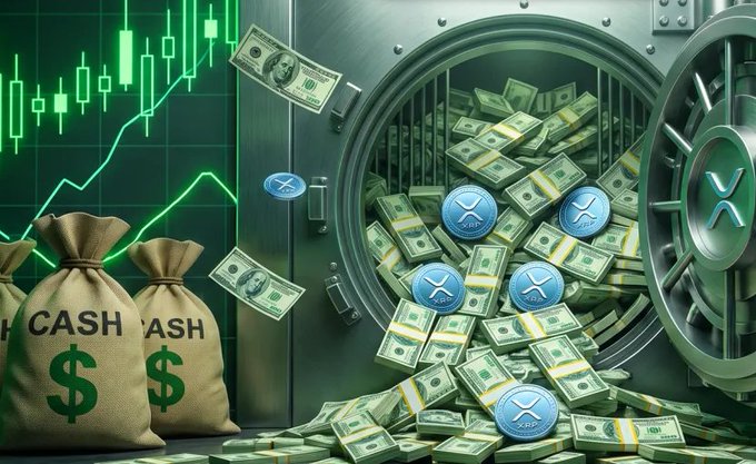 A promotional image featuring cash bags, dollar bills, an open vault, and XRP (XLM) coins overlaid on a green candlestick chart.