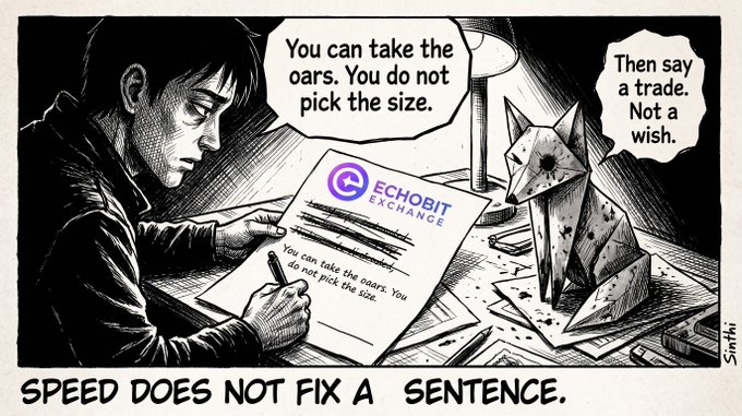 A black-and-white comic-style illustration showing a man signing a document for 'Echobit Exchange' while a geometric cat-like figure states, 'You can take the oars. You do not pick the size. Then say a trade. Not a wish,' with the caption 'SPEED DOES NOT FIX A SENTENCE.'