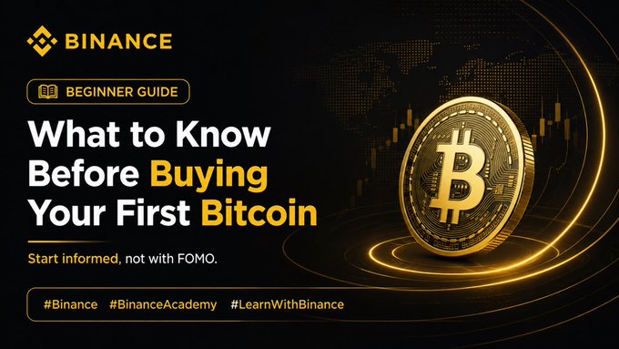 A Binance Academy beginner guide titled "What to Know Before Buying Your First Bitcoin," featuring a golden Bitcoin coin on a dark background with the tagline "Start informed, not with FOMO." The image aligns with the post's message by promoting foundational understanding before investing, complementing its emphasis on beginners asking basic questions like "Do I understand what I'm buying?" rather than chasing price predictions.