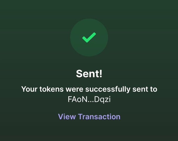 A confirmation screen shows a successful token transfer with a green checkmark, displaying the message "Sent! Your tokens were successfully sent to FAoN...Dqzi" along with a "View Transaction" link, illustrating the result of a crypto giveaway to active followers.