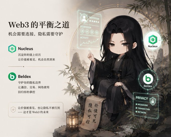 A promotional graphic titled "Web3 的平衡之道" (The Balance of Web3) featuring an anime-style character in traditional clothing, advertising "Nucleus" and "Beldex" platforms with text about reputation, ecosystem activity, privacy, and the future of Web3.