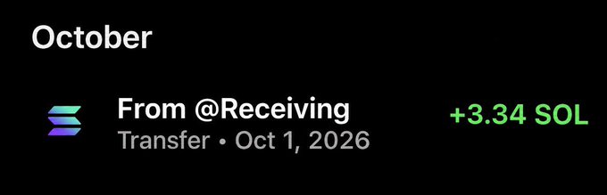 A Solana wallet transaction record shows a +3.34 SOL transfer from "@Receiving" on October 1, 2026, displayed under an October header. This supports the post's call to action asking users to drop their $SOL wallet, illustrating an incoming crypto transfer that would be relevant to those looking to receive a potential airdrop or token drop.
