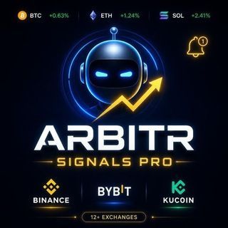 An advertisement for 'ARBITR SIGNALS PRO' features a robot head logo and lists supported exchanges including Binance, Bybit, and KuCoin, with crypto price tickers BTC, ETH, and SOL at the top.