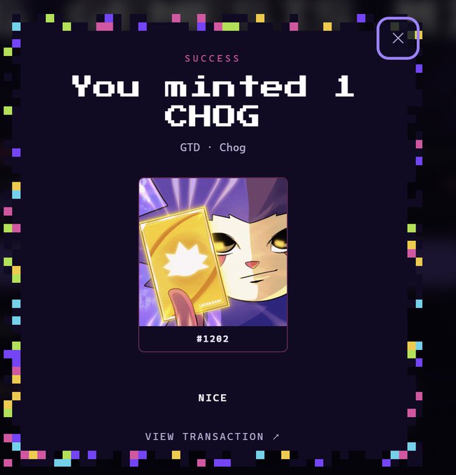 A success screen showing 'You minted 1 CHOG' NFT #1202, featuring a pixel art character holding a golden card with a lotus design.