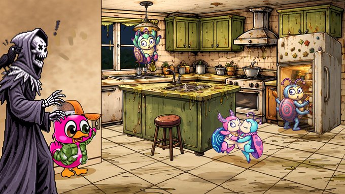 A grim reaper stands in a kitchen holding a frying pan over a pink tortoise-like creature, surrounded by colorful bug characters exploring the cabinets and fridge in this cartoon illustration that ties into the "Behind The Build MEME CONTEST" by adding a whimsical cooking vibe matching the "Let's Cook!" tagline.