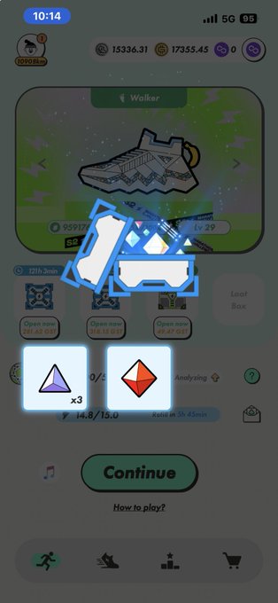 A mobile game screenshot at 10:14 showing a 'Walker' sneaker NFT, colorful gems, and a 'Continue' button.