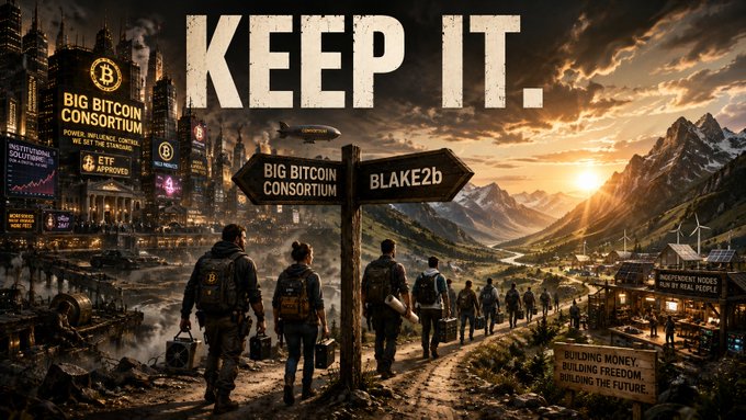 The image is a cinematic illustration showing a group of travelers with backpacks at a crossroads, where one signpost points to "BIG BITCOIN CONSORTIUM" and the other toward "BLAKE2b," with a dystopian urban landscape on the left contrasting against an open, free landscape on the right featuring text like "INDEPENDENT NODES RUN BY REAL PEOPLE" and "BUILDING MONEY, BUILDING FREEDOM, BUILDING THE FUTURE."

The visual supports the post's message of walking away from institutional capture and choosing the sovereign path forward.