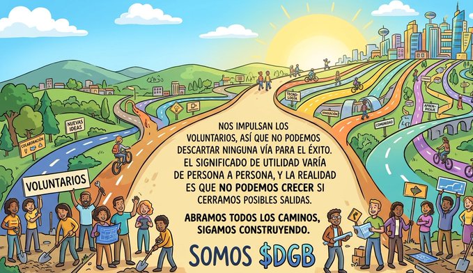 The image features a group of people standing together with various signs around them, including one that says "SOMOS $DGB" which translates to "We are driven by volunteers, so we cannot rule out any path to success". The sign also mentions that they are looking for volunteers and that the post is about utility. The image shows a diverse group of people standing together in front of a cityscape with various buildings and roads, suggesting an urban setting.