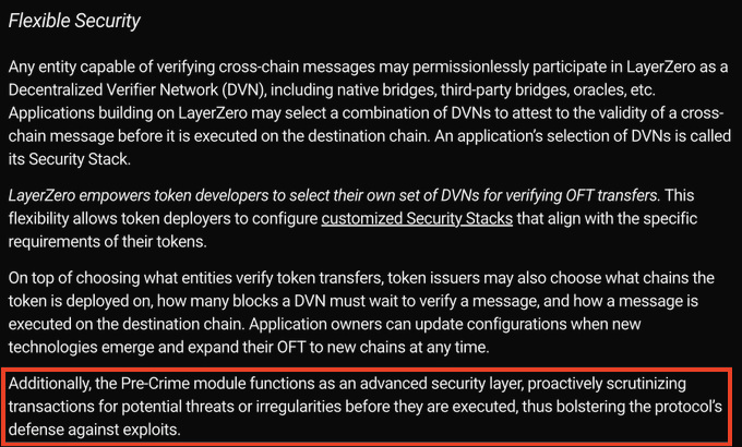 A screenshot of text titled 'Flexible Security' describing LayerZero's DVNs and Security Stacks, with a red box highlighting a paragraph about the 'Pre-Crime module'.