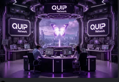 The image shows two people sitting at a desk with computer monitors in front of them, likely working together as a team or collaborating on a project. The room has purple lighting that creates an atmosphere of creativity and innovation. In the background, there are three large screens displaying the Quip Network logo, indicating their association with the company's social media platform. The image also includes text that reads "The next wave of SocialFi won't be driven by farming incentives alone - it will be driven by reputation, attention, and meaningful contributions". This suggests that the people in the room are focused on creating a positive impact through their work at Quip Network.