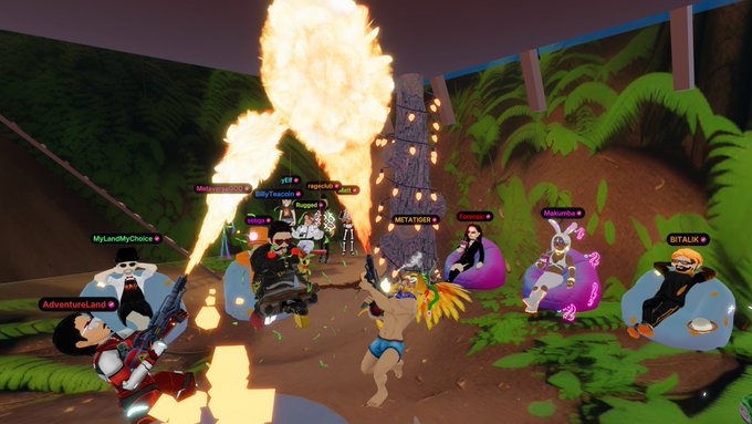 A virtual reality camp gathering scene featuring avatar characters labeled with usernames like 'MEETJADE', 'BITALIK', and 'AdventurerLand' around a campfire with flame effects.