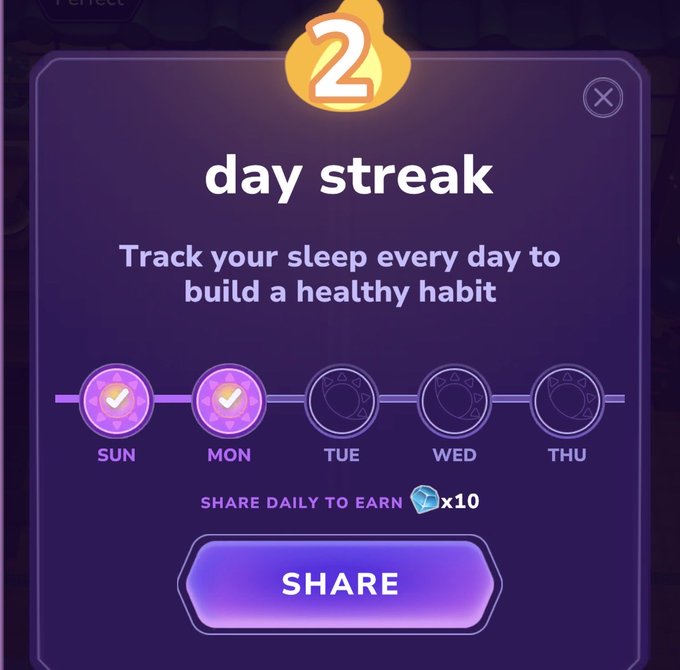 The image shows a sleep tracking app with a purple background, displaying a list of days remaining to earn rewards. The app has four different options for daily sleep goals, including "Sun", "Moon", "Tuesdays", and "Wednesdays". Each day, the user is required to track their sleep duration and quality using the provided tools. At the end of each week, the user will be rewarded with points based on their adherence to the sleep goals set for that particular week. The app also offers a feature where users can share daily achievements with friends or family members who are also trying to improve their sleep habits.