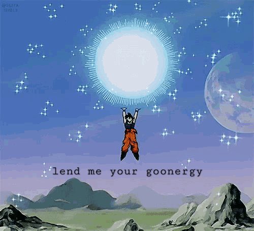 The image depicts a character from Dragon Ball Z reaching upward toward a glowing orb of energy against a starry sky, with the text "lend me your goonergy" overlaid, playing on the "Spirit Bomb" energy-gathering scene by replacing it with "goon energy" for humorous effect.