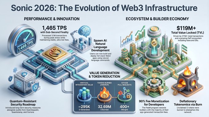 An infographic titled 'Sonic 2026: The Evolution of Web3 Infrastructure' detailing metrics like 1,465 TPS, $119M+ TVL, and various ecosystem developments.