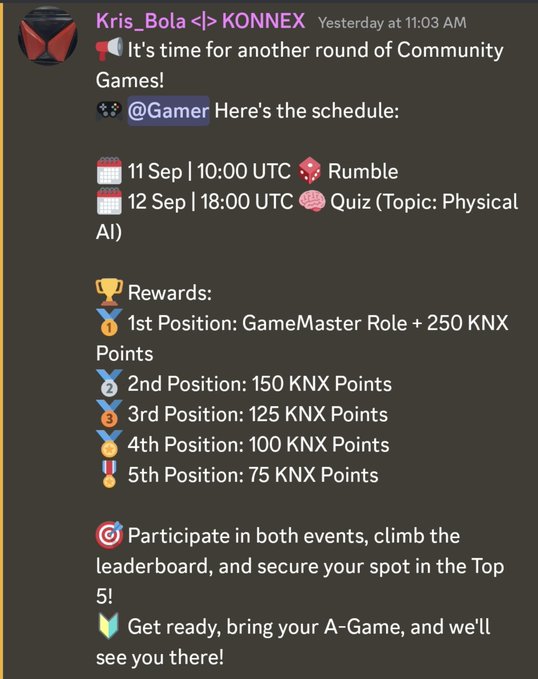 A Discord message from Kris_Bola announcing Community Games scheduled for September 11-12 with rewards of KNX Points and a GameMaster Role for top positions.