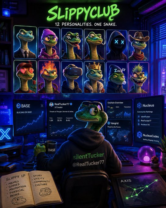A promotional graphic for 'SLIPPYCLUB' featuring 12 snake character personalities with the text '12 PERSONALITIES. ONE SNAKE.' and a character labeled 'silentTucker @RealTucker77' at a computer.