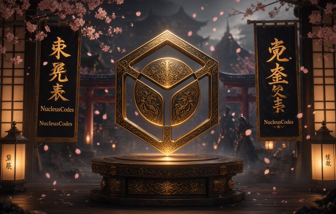 An ornate gold hexagonal emblem glows on a pedestal in a Japanese-style setting with cherry blossoms, lanterns, and banners reading 'NucleusCodes' alongside Japanese characters.