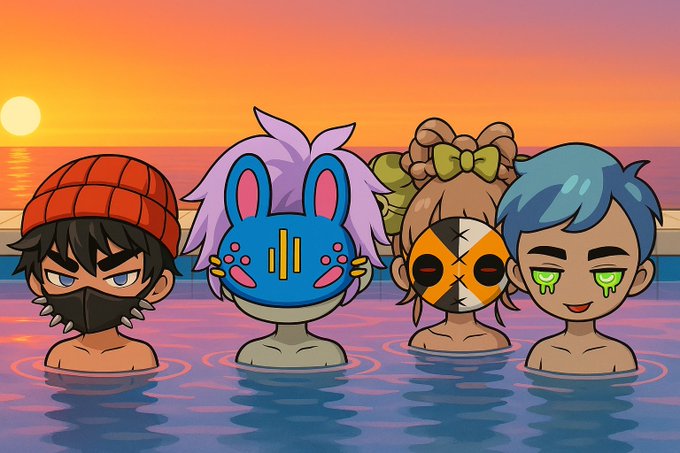 A cartoon-style illustration showing four characters with their heads above water in a pool at sunset; one wears a blue bunny mask.