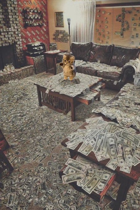 A living room scene where the floor, couch, and walls are completely covered in scattered US dollar bills, with a small orange cat figurine sitting on the coffee table.