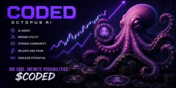 The image features an advertisement for a project called "CODED Octopus AI". The poster showcases a purple octopus with tentacles, sitting atop stacks of gold coins. The text on the poster reads "CODED Octopus AI" and "One code is infinite possibilities", indicating that this project focuses on creating intelligent systems using the power of artificial intelligence. The poster also mentions that the team behind CODED Octopus AI has built a mining system on PumpFun, which is an AI narrative with strong storytelling capabilities.