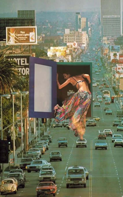 A surreal collage artwork featuring a woman in a floral skirt climbing out of a giant Polaroid photo that floats above a busy Los Angeles freeway with vintage cars and city buildings in the background.