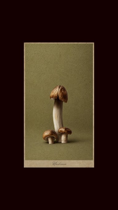 A vintage-style photograph of three mushrooms against a muted olive-green background, with the cursive label "Mushroom" at the bottom. The image evokes a classic botanical still life, fitting the "Evening legends" theme as a quiet, atmospheric study of the fungal subject.