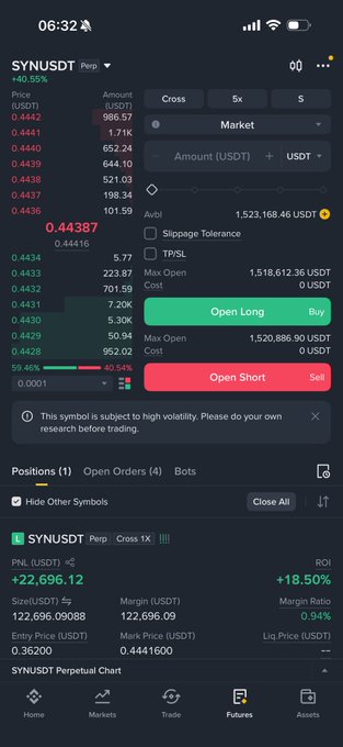A mobile screenshot of a crypto trading app showing a SYNUSDT perpetual position with a realized PNL of +22,696.12 USDT and ROI of +118.50%, serving as proof of profit to support the post's claim about making money and challenging doubters.