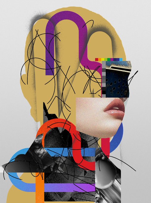 An abstract digital collage featuring a cropped image of a woman's lips, colorful overlapping rounded geometric shapes in yellow, purple, red, and blue, chaotic black scribbles, and fragmented photographic elements on a white background.