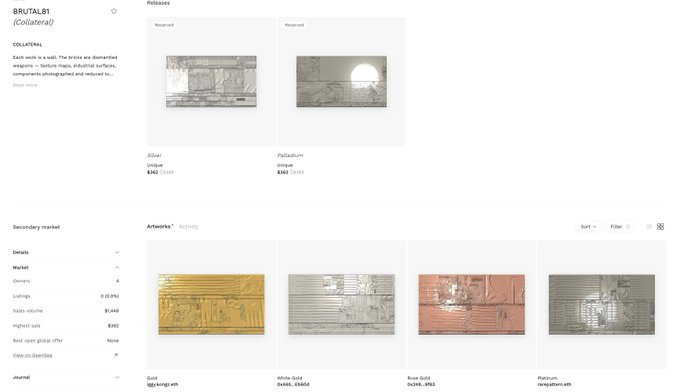 A digital marketplace page for BRUTAL81 (Collateral) NFTs titled "Silver," displaying releases for Silver (₿162) and Palladium (₿159), alongside a secondary market section with items like Gold, White Gold, Rose Gold, and Platinum priced in BTC.