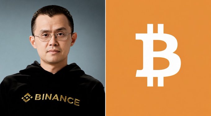 A promotional graphic featuring Changpeng Zhao, the founder of Binance, wearing a black hoodie with the company's logo, alongside an orange panel displaying the Bitcoin symbol.