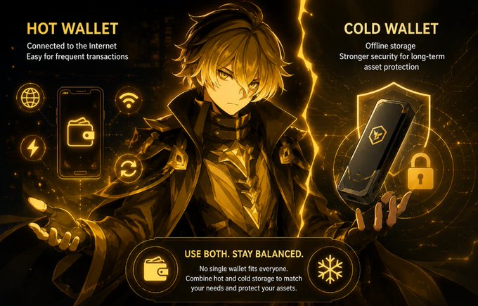An infographic contrasting 'HOT WALLET' (Connected to the Internet, Easy for frequent transactions) with 'COLD WALLET' (Offline storage, Stronger security for long-term asset protection), featuring an anime-style blonde character and the advice 'USE BOTH. STAY BALANCED.'