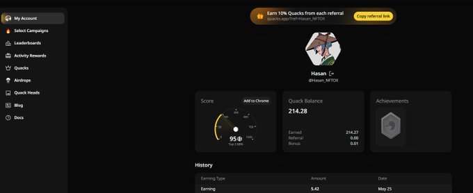 The image shows a screenshot of a computer screen displaying various information about an app called Quacks, which is used for earning Quacks from other users. The app has a score of 95.85 and is currently at the top of the leaderboard. It also has a history section that provides insights into how to use the app effectively. The post encourages users to share their experiences with Quacks on social media using the provided link, which can lead to rewards or even help them climb the leaderboard.