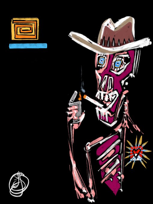 A stylized digital illustration depicts a skeletal figure wearing a cowboy hat, holding a cigarette and a lighter against a black background, with abstract geometric shapes nearby.