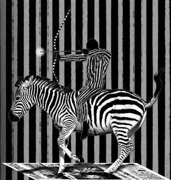 A black and white illustration of a person in a striped outfit riding a zebra, set against a vertically striped background.
