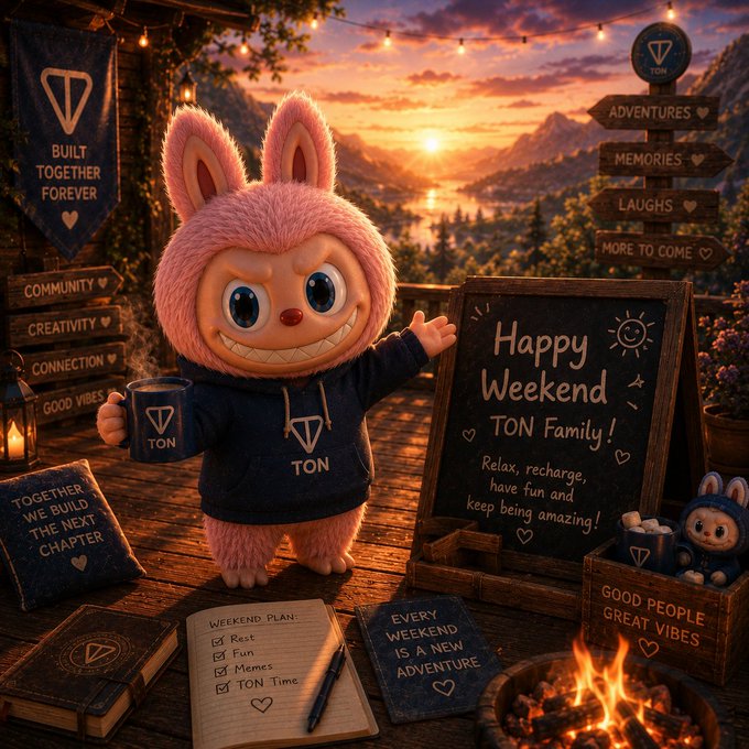 A digital illustration of a pink fuzzy mascot wearing a TON hoodie, holding a TON mug next to a chalkboard reading 'Happy Weekend TON Family! Relax, recharge, have fun and keep being amazing!' with various TON-branded wooden signs in the background.