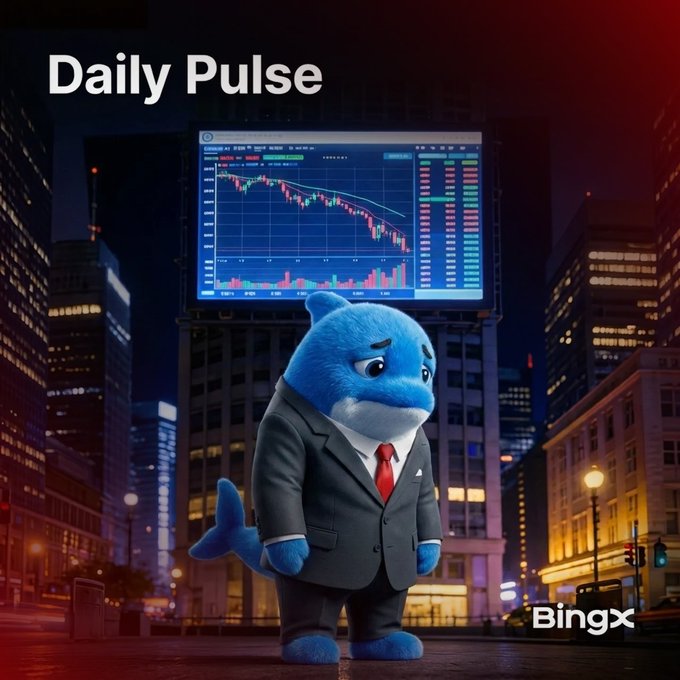 An illustration titled 'Daily Pulse' featuring a sad blue shark character wearing a black suit and red tie, standing in a city street at night in front of a large screen displaying a stock market chart with a downward trend, branded with 'Bingx' at the bottom.