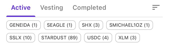 Interface tabs showing Active, Vesting, and Completed categories, with the Active tab selected displaying token filters including GENEIDA, SEAGLE, SHX, SMICHAELOZ, SSLX, STARDUST, USDC, and XLM.