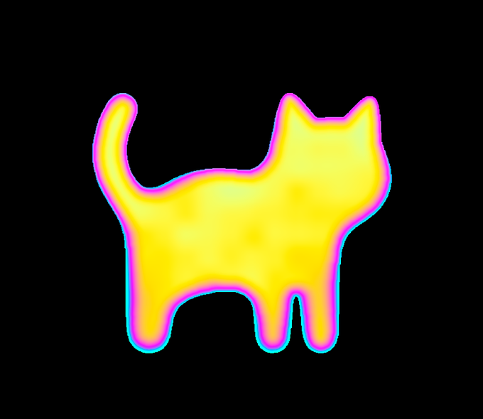 A yellow cat silhouette with a vivid purple/magenta and cyan chromatic aberration outline is rendered against a black background, visually representing the thin-film interference effect described in the post—where light reflecting off a soap film produces the purple hue matching Solana's brand color.