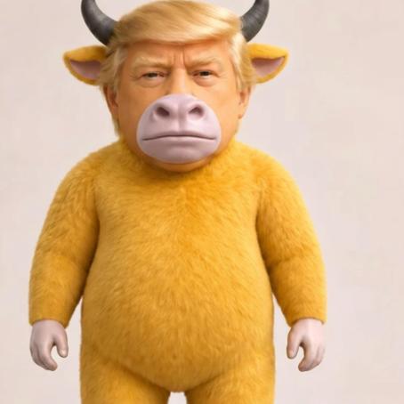 A 3D-rendered character combining Donald Trump's face with a furry yellow cow or minotaur body, complete with horns, ears, and hooves.