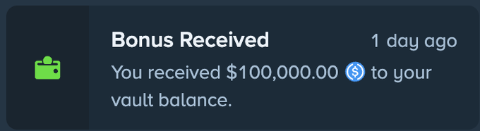 A notification showing "Bonus Received" with a green gift icon, displaying the message "You received $100,000.00 to your vault balance" from 1 day ago. This image is unrelated to the giveaway post, as it depicts a promotional bonus receipt rather than the $100 Flash Giveaway entry instructions.
