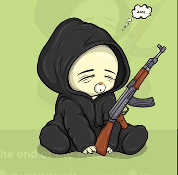 Cartoon illustration of a sad, crying child in a black hooded robe holding an AK-47 rifle, with a 'Zzz' thought bubble, on a green background with partial text 'the end'.
