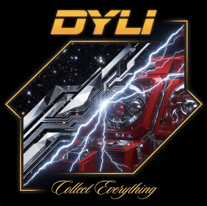 Promotional graphic with bold orange "DYLI" text at the top and "Collect Everything" in yellow script at the bottom, featuring a diamond-shaped frame showing mechanical red structures and a metallic angular design amid stars and blue lightning bolts.