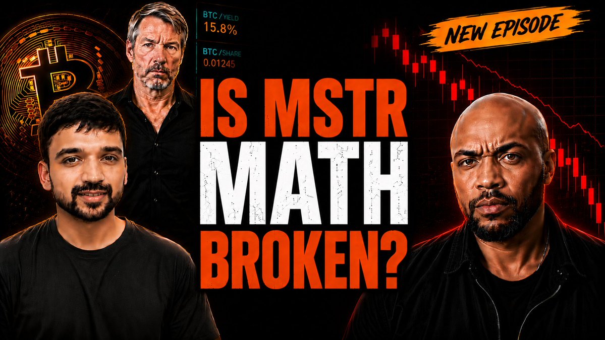 YouTube thumbnail for a new episode titled 'IS MSTR MATH BROKEN?' featuring Michael Saylor, showing BTC/YIELD at 15.8% and BTC/SHARE at 0.01245 with a red downward stock chart.