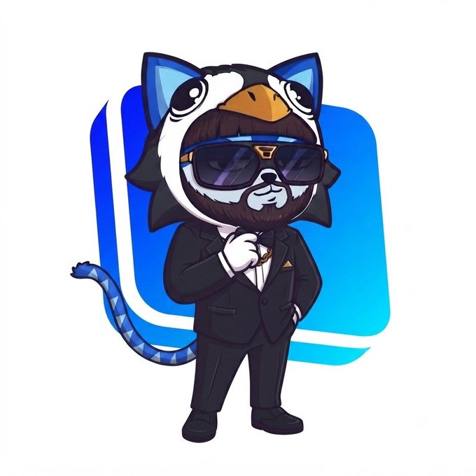 A cartoon character wearing a penguin hoodie, sunglasses, and a tuxedo strikes a confident pose, stylized as a logo-like illustration that represents the $TOSHI mascot being "miked up" for wider recognition. The tuxedo-and-sunglasses aesthetic matches the post's theme of elevating $TOSHI to mainstream fame and prestige.