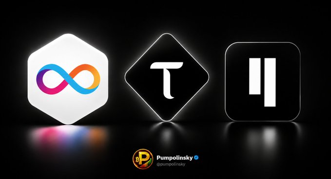 Three cryptocurrency logos displayed on a black background: a colorful infinity symbol in a white hexagon ($ICP), a diamond-shaped $T logo ($TAO), and a pause-symbol logo in a black square ($QUBIC), with a "Pumpolinsky @pumpolinsky" watermark, representing an AI-themed crypto battle.