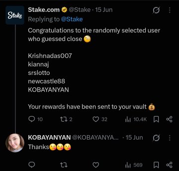 A Twitter exchange where @Stake congratulates randomly selected users, with @KOBAYANYAN replying 'Thanks' with heart-eyes emojis.