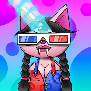 A digital illustration of a pink cartoon cat wearing 3D glasses and a black headband, with a blue glowing unicorn horn and fangs, against a polka dot background.