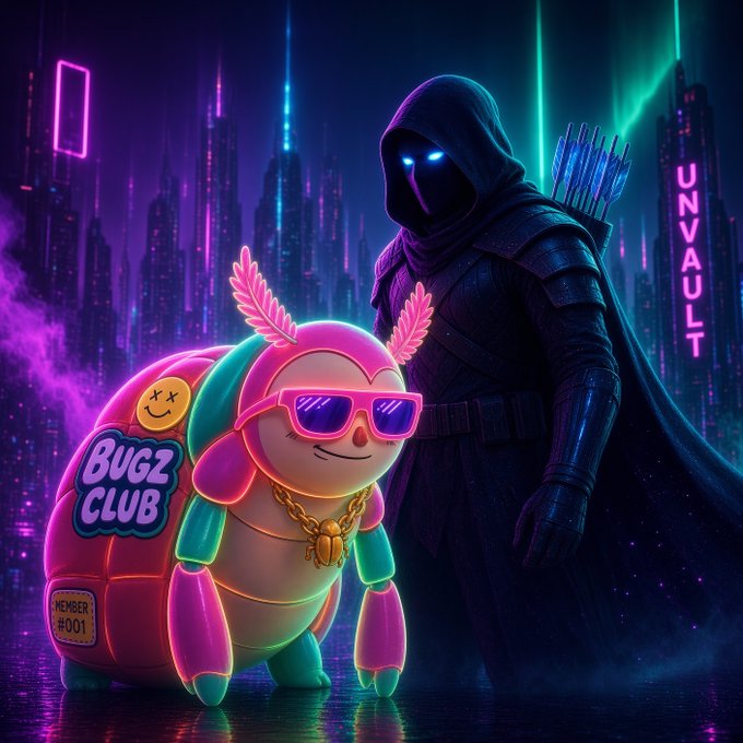 A vibrant digital artwork featuring a neon-clad "BUGZ CLUB" bug character wearing sunglasses and gold chains standing beside a hooded figure with glowing blue eyes in a cyberpunk cityscape with "UNAULT" signage.